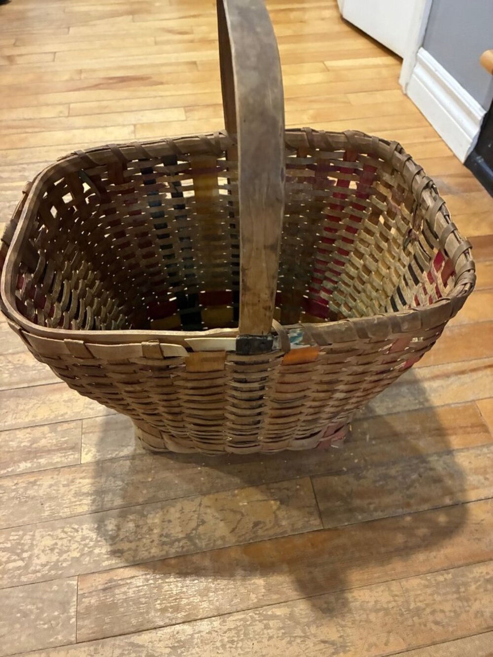 Antique Ash Splint Gathering Basket with Dyed Weavers